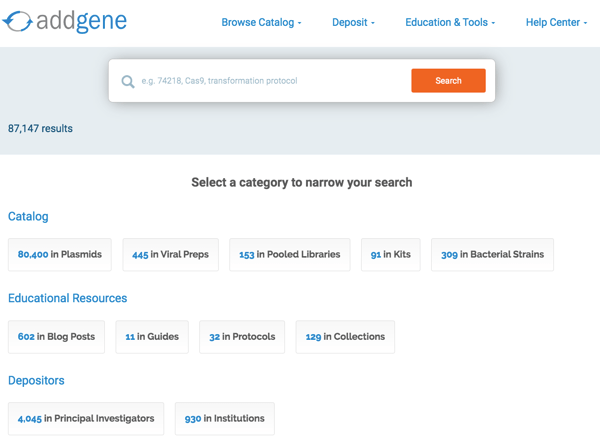 Addgene搜索引擎中使用的类别